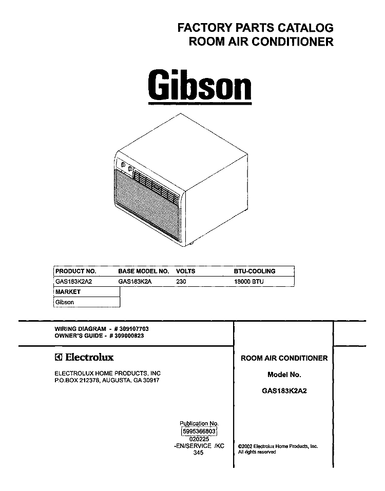COVER Diagram and Parts List for GAS183K2A2  Gibson Air Conditioner