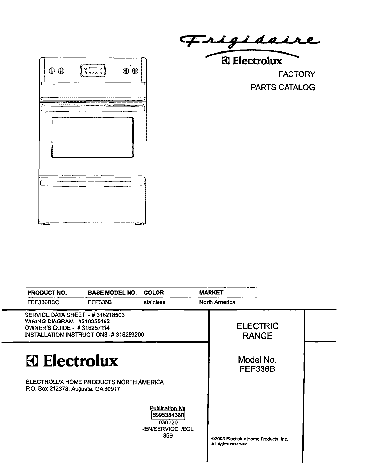 COVER Diagram and Parts List for FEF336BCC  Frigidaire Range