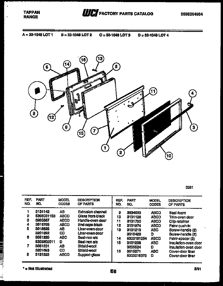 DOOR PARTS Diagram and Parts List for 32-1048-00-01  Tappan Range
