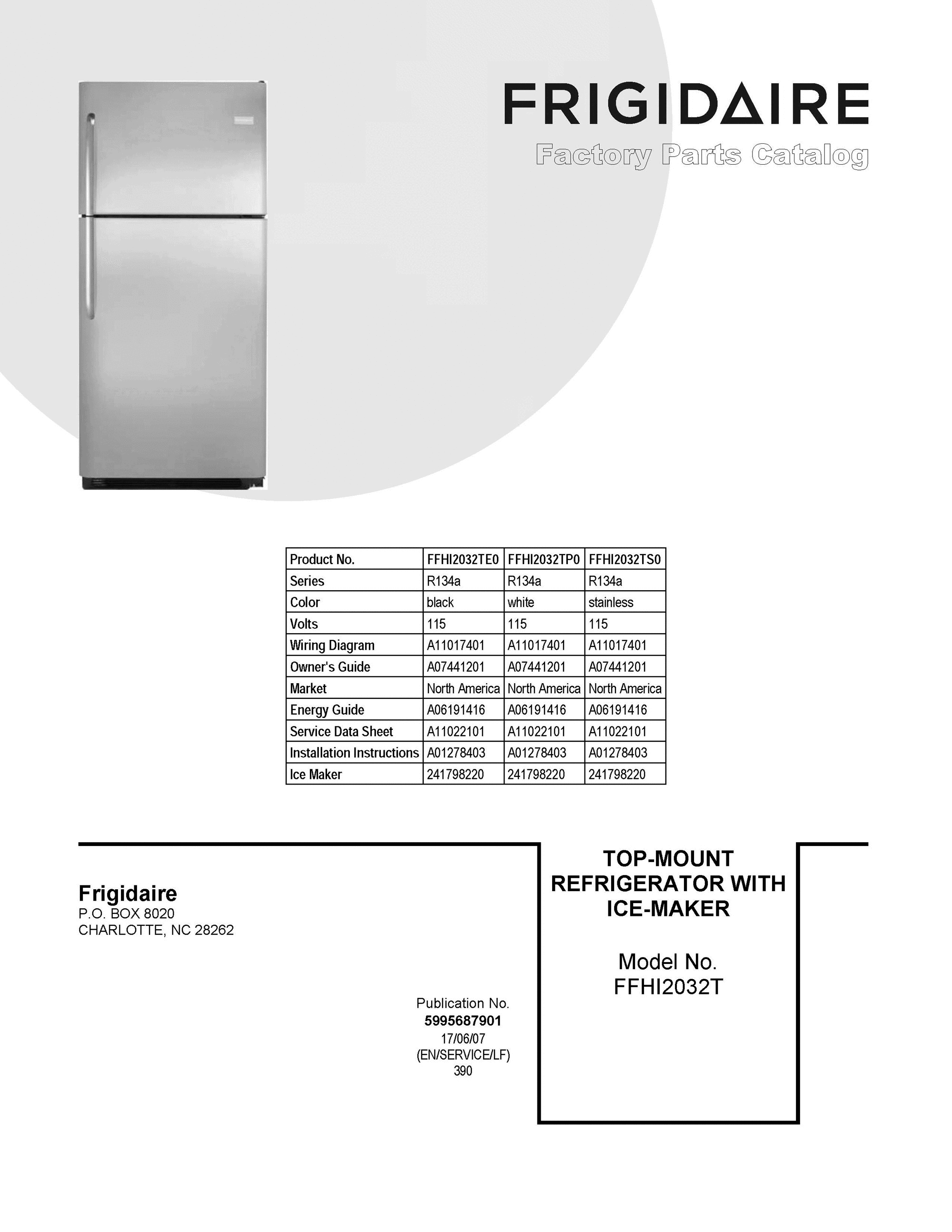 01 - COVER SHEET Diagram and Parts List for FFHI2032TE0  Frigidaire Refrigerator