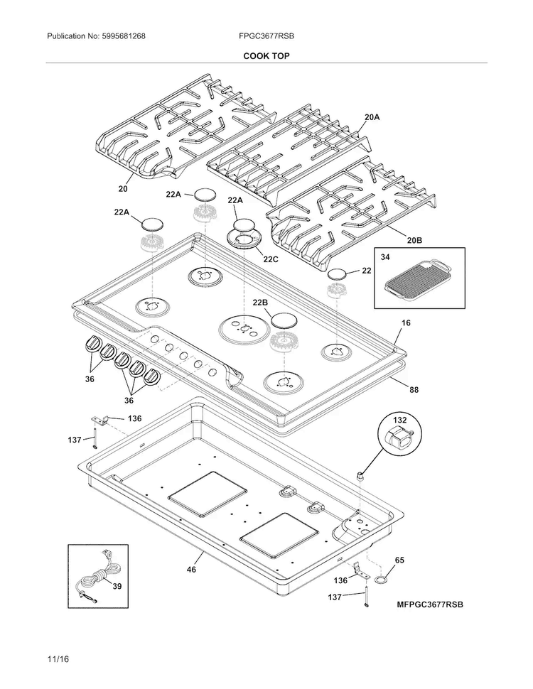 Main Top Diagram and Parts List for FPGC3677RSB  Frigidaire Cooktop