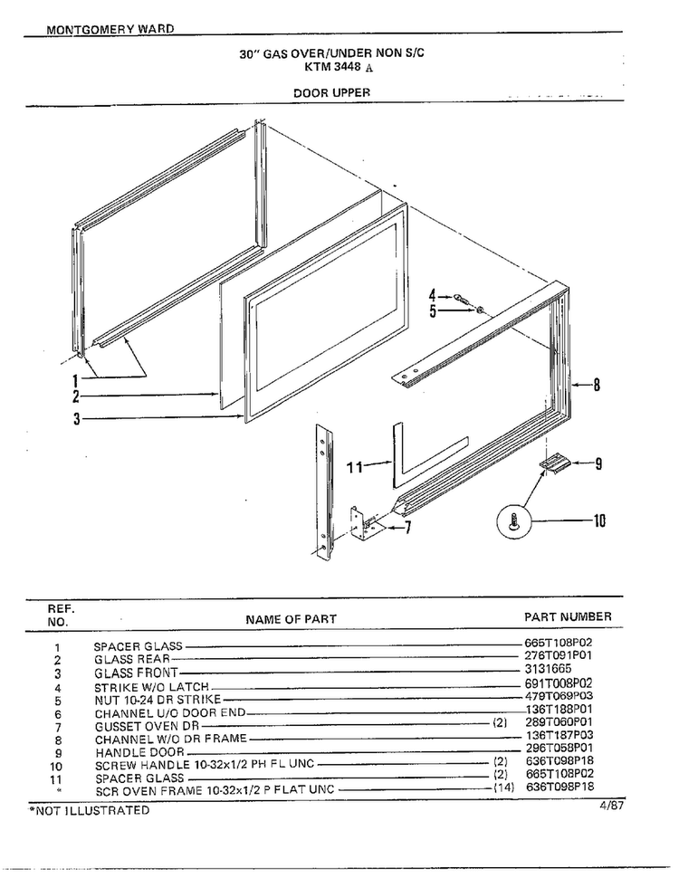 30" Gas Over/under Door Upper Diagram and Parts List for 3448A  Frigidaire Range
