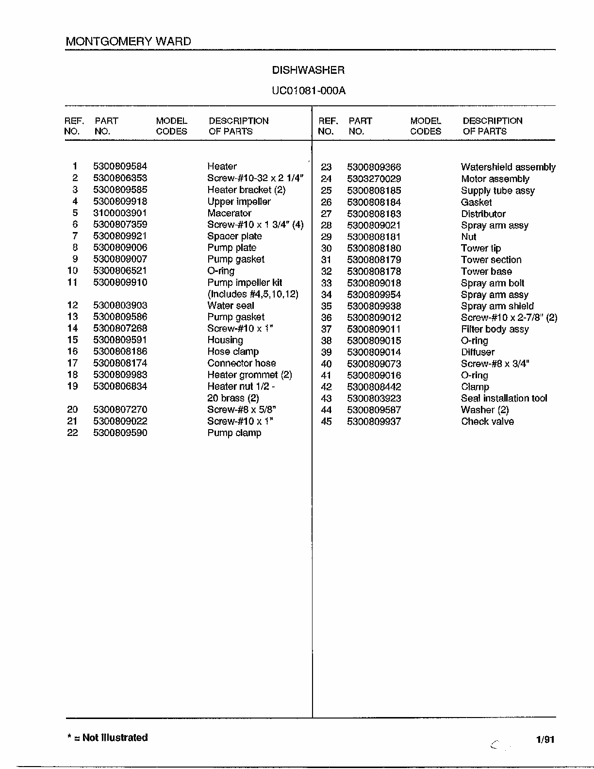 Dishwasher Page 8 Diagram and Parts List for 1081-000A  Frigidaire Dishwasher