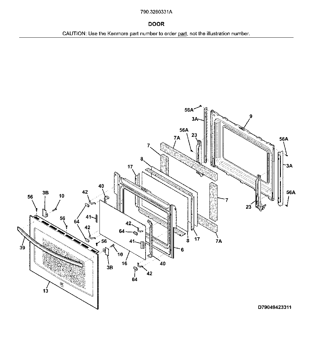 Door Diagram and Parts List for 7903260331A  Kenmore Range