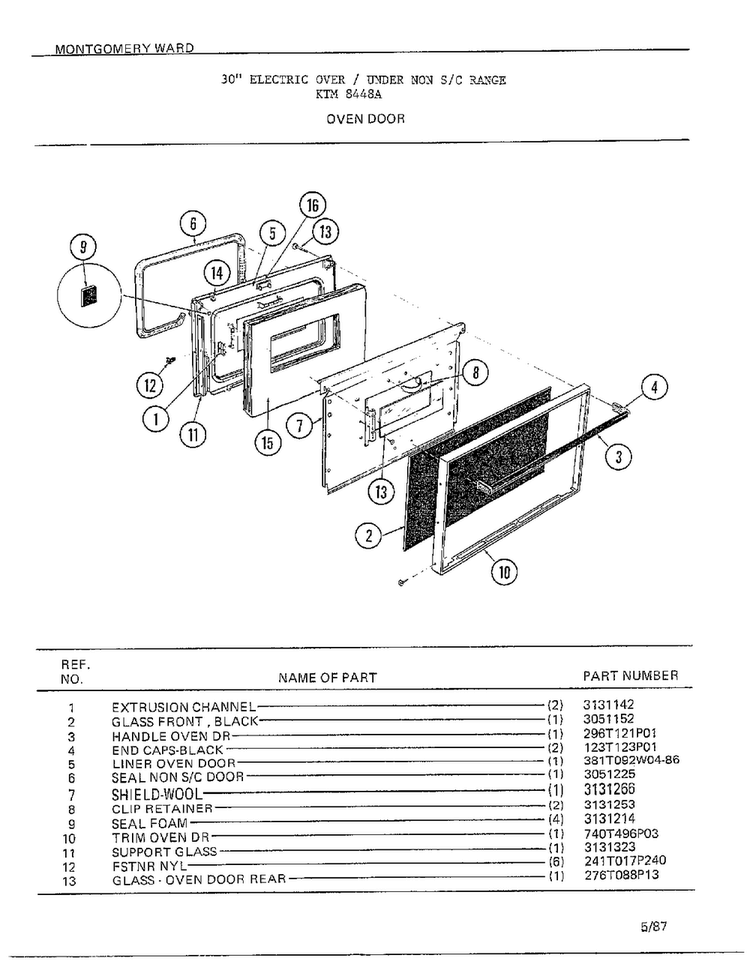Oven Door Diagram and Parts List for 8448A  Frigidaire Range