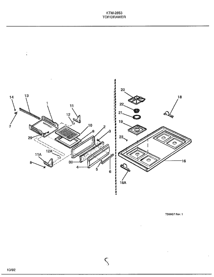 Top/drawer Diagram and Parts List for 2853  Frigidaire Range