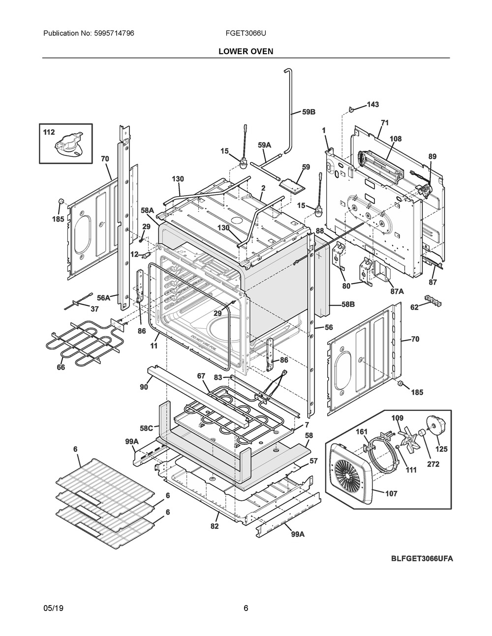 Lower Oven Diagram and Parts List for FGET3066UFA  Frigidaire Wall Oven