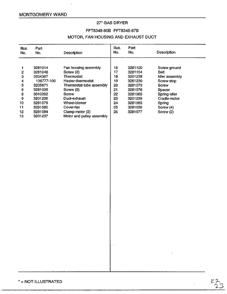 Motor, Fan Housing And Exhaust Duct Page 2 Diagram and Parts List for 8348B  Frigidaire Dryer