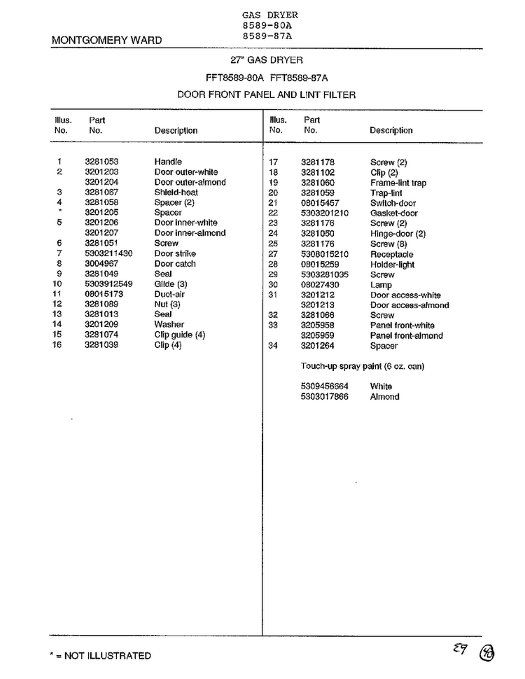 Door Front Panel And Lint Filter Page 2 Diagram and Parts List for 8589-87A  Frigidaire Dryer