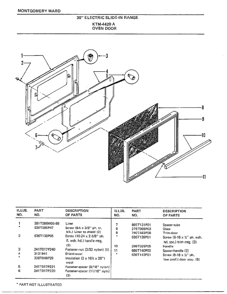 30" Electric Range/oven Door Diagram and Parts List for 4420A  Frigidaire Range
