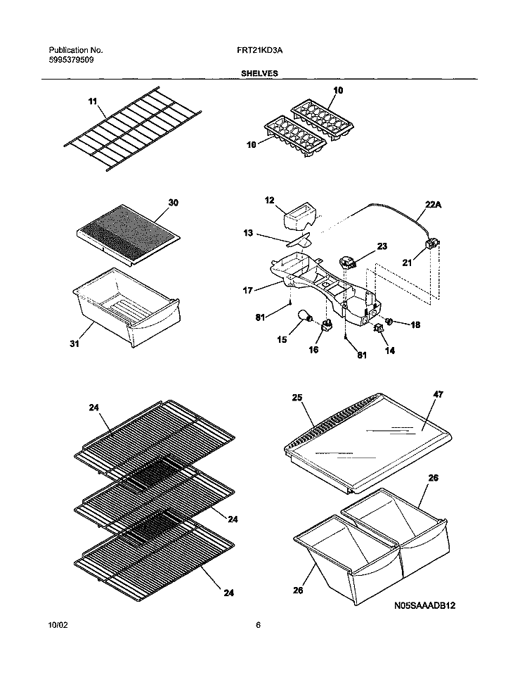 SHELVES Diagram and Parts List for FRT21KD3AZ5  Frigidaire Refrigerator