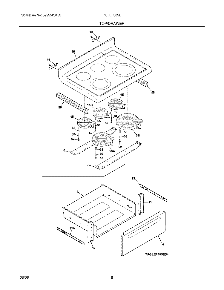TOP/DRAWER Diagram and Parts List for PGLEF385EB6  Frigidaire Range