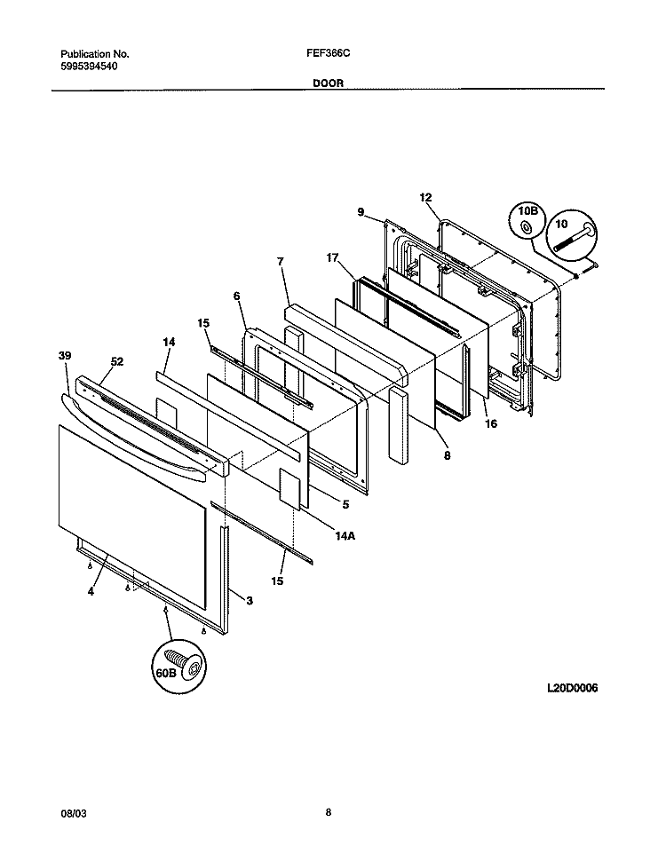 DOOR Diagram and Parts List for FEF366CSB  Frigidaire Range