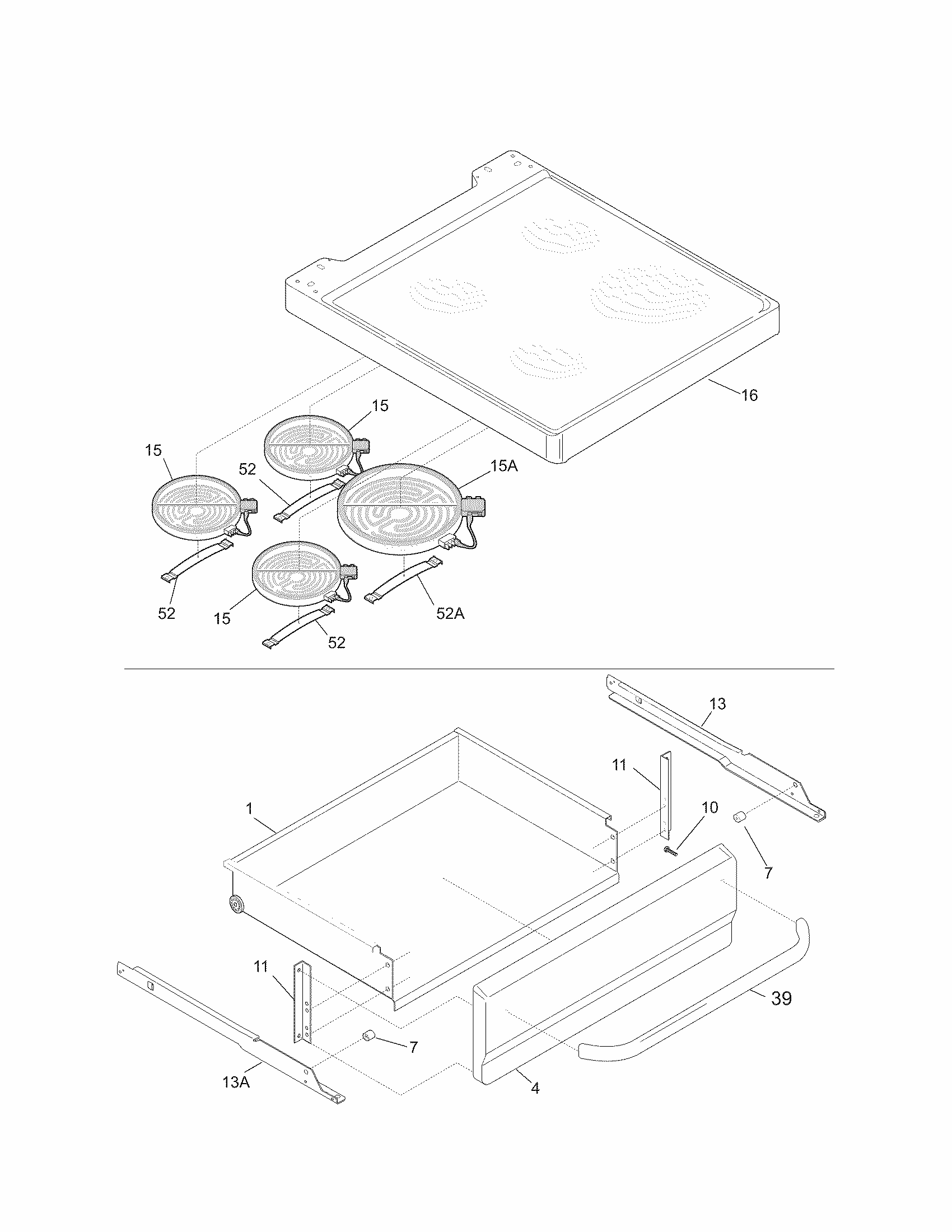 Top/drawer Diagram and Parts List for 79090153408  Kenmore Range