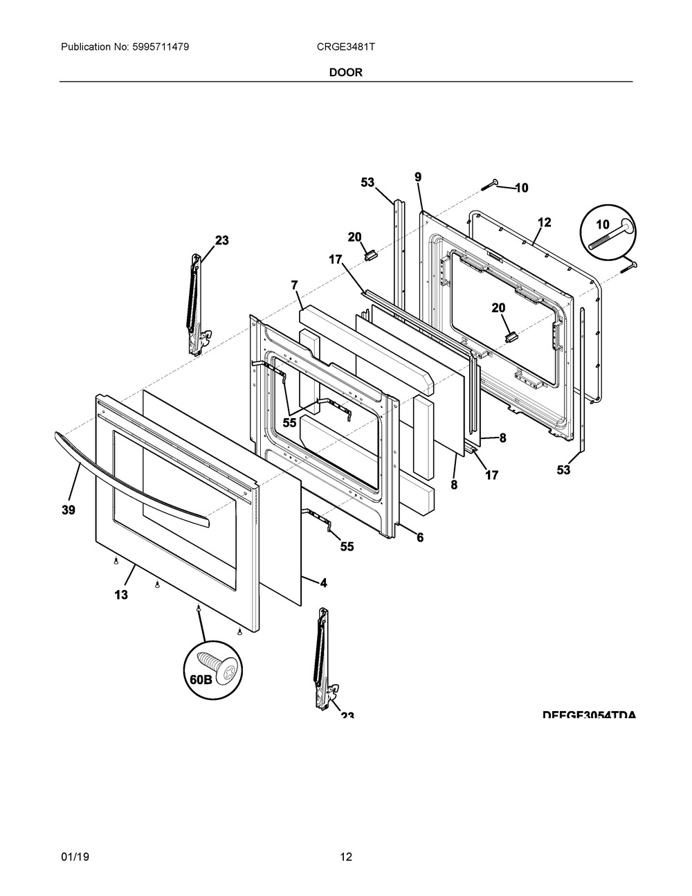 Door Diagram and Parts List for CRGE3481TSA  Frigidaire Range