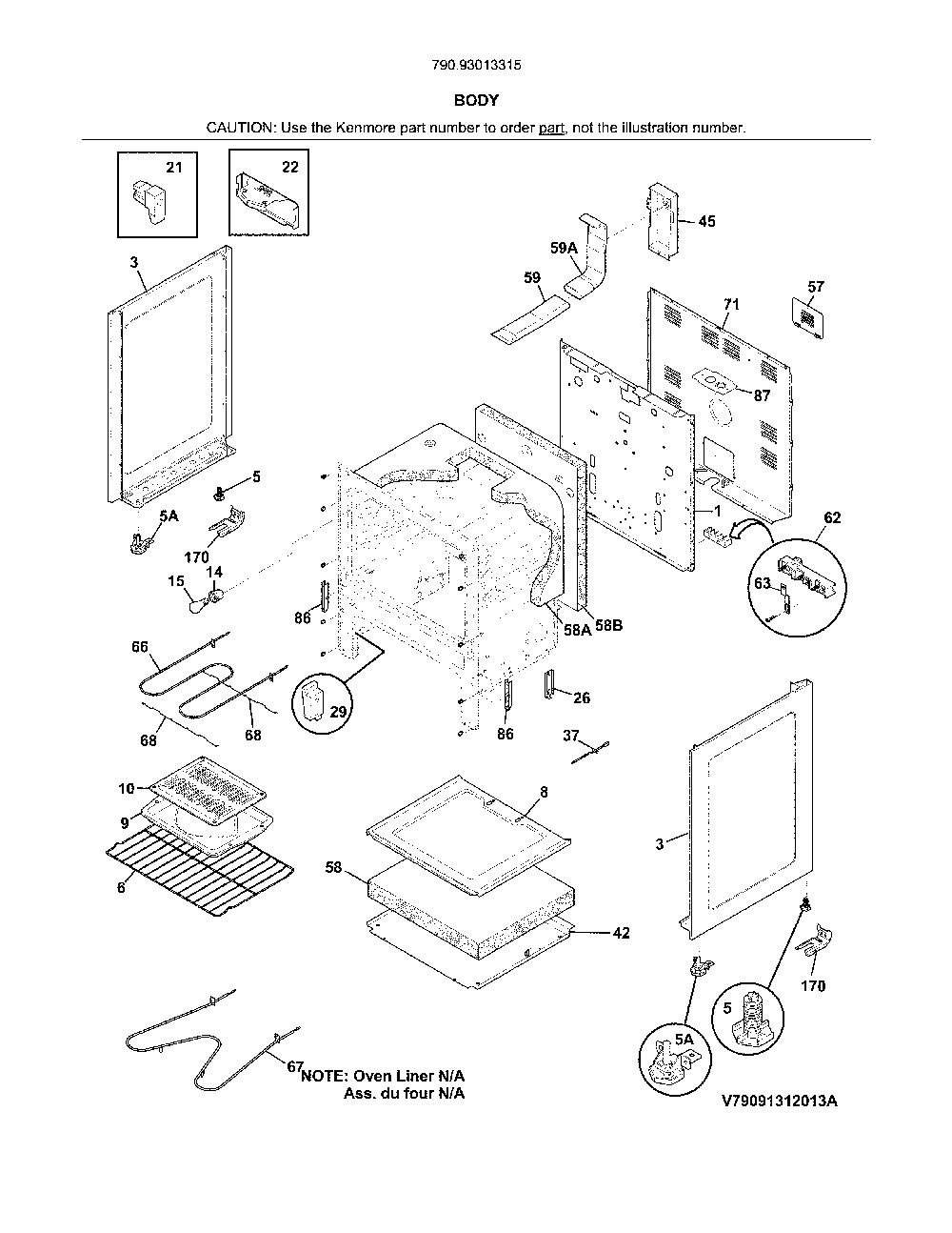 Body Diagram and Parts List for 79093013315  Kenmore Range