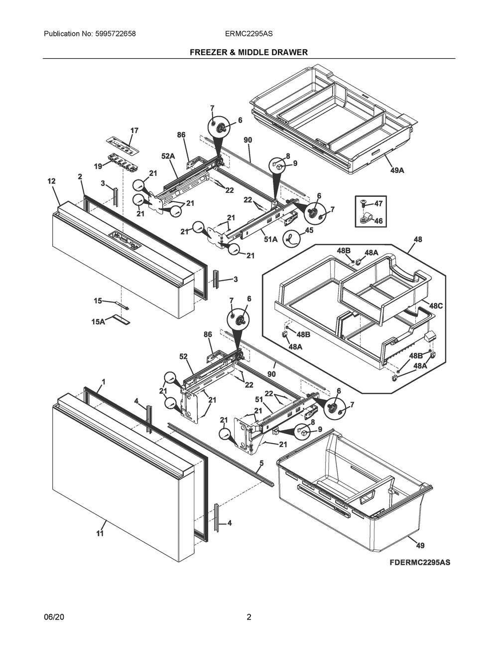 Freezer And Middle Drawer Diagram and Parts List for ERMC2295AS  Frigidaire Refrigerator