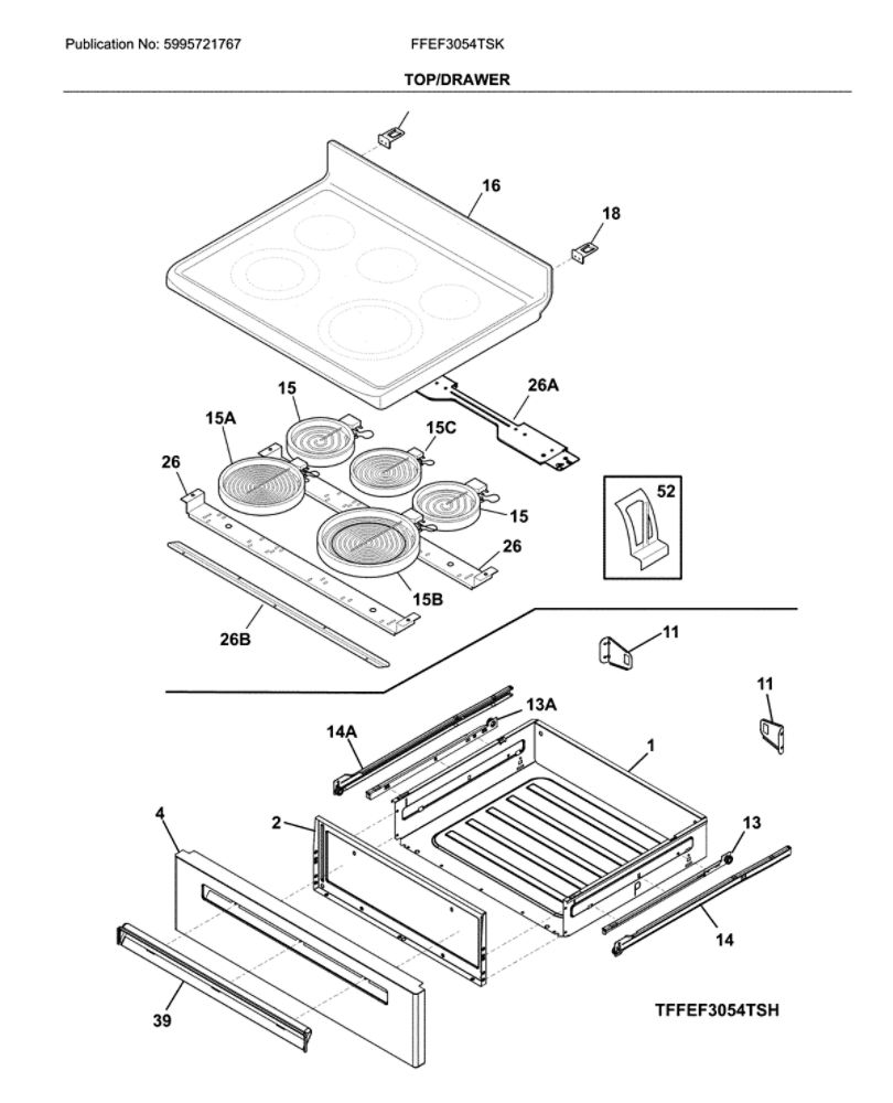 Top/Drawer Diagram and Parts List for FFEF3054TSK  Frigidaire Range