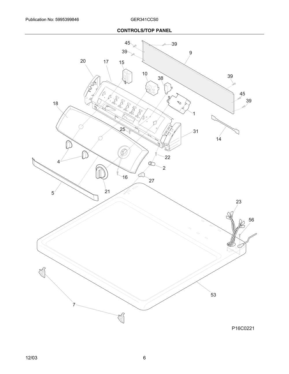 Controls/Top Panel Diagram and Parts List for GER341CCS0  Frigidaire Dryer