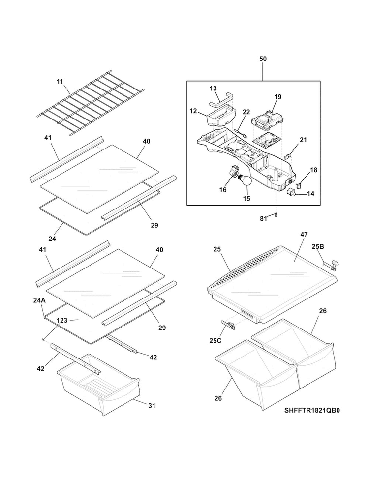 Shelves Diagram and Parts List for FFHT1821QW3  Frigidaire Refrigerator
