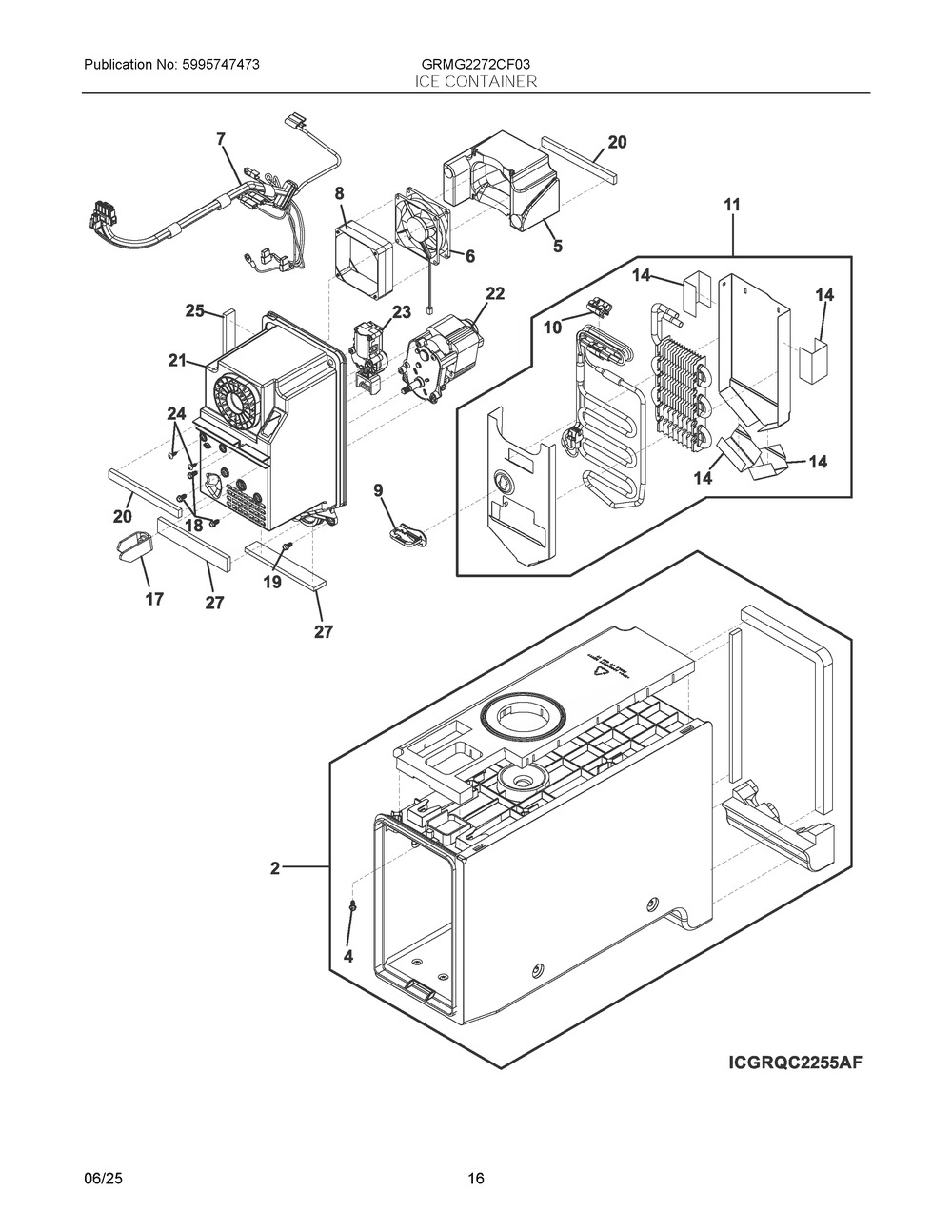 Ice Container Diagram and Parts List for GRMG2272CF03  Frigidaire Refrigerator