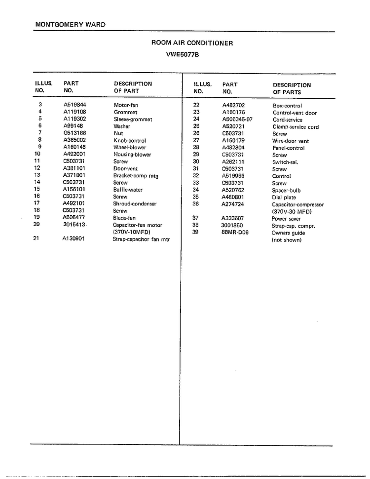 Room Air Conditioner Page 4 Diagram and Parts List for 5077B  Frigidaire Air Conditioner