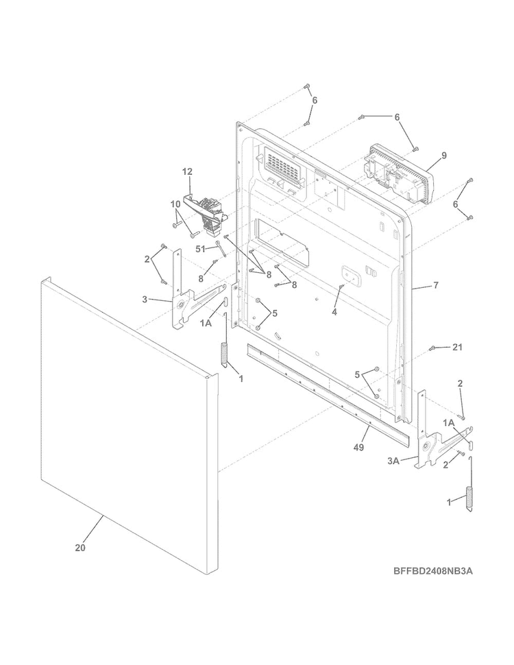 Door Diagram and Parts List for FFBD2406NB6A  Frigidaire Dishwasher