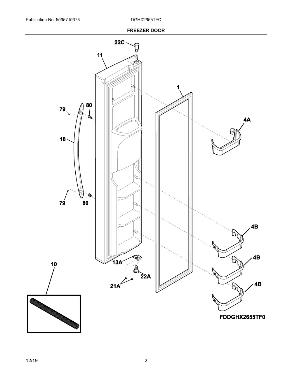 Freezer Door Diagram and Parts List for DGHX2655TFC  Frigidaire Refrigerator
