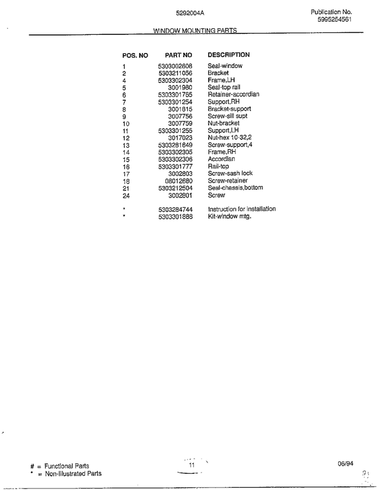 Window Mounting Parts Page 2 Diagram and Parts List for 5292004A  Frigidaire Air Conditioner