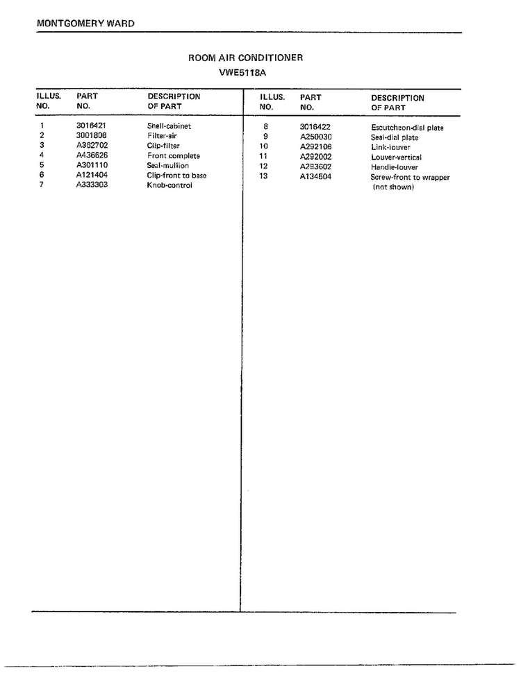 Room Air Conditioner Page 2 Diagram and Parts List for 5118A  Frigidaire Air Conditioner