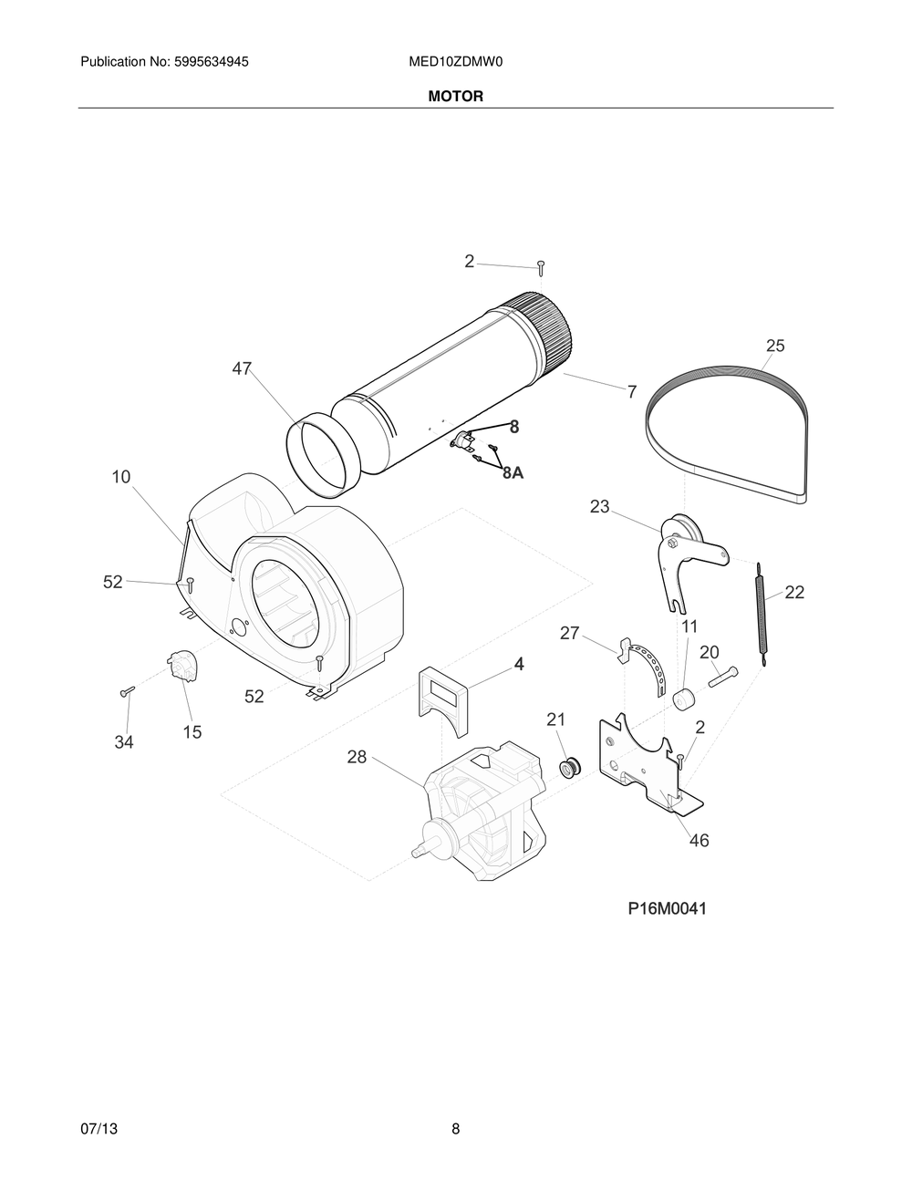 Motor Diagram and Parts List for MED10ZDMW0  Frigidaire Dryer