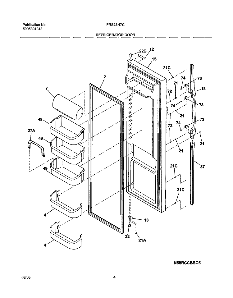 REFRIGERATOR DOOR Diagram and Parts List for FRS23H7CQ1  Frigidaire Refrigerator