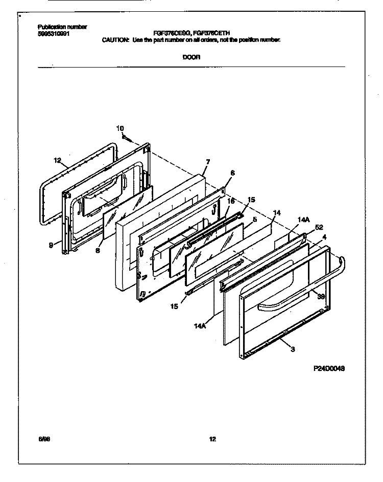 DOOR Diagram and Parts List for FGF376CETH  Frigidaire Range