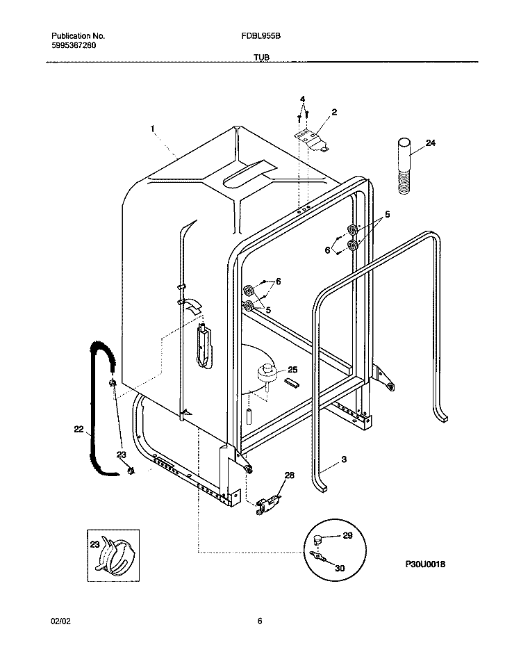TUB Diagram and Parts List for FDBL955BS0  Frigidaire Dishwasher