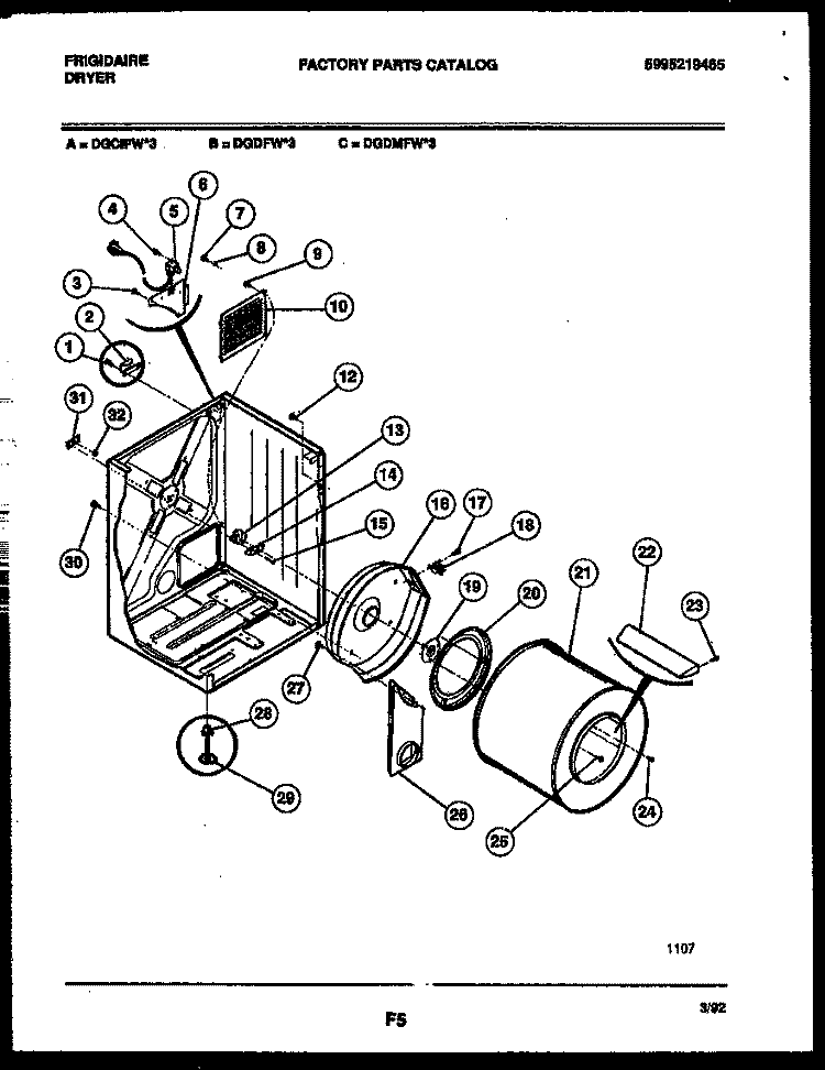 CABINET AND COMPONENT PARTS Diagram and Parts List for DEGCIFL3  Frigidaire Dryer