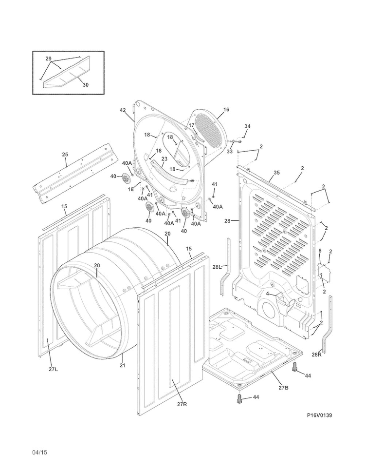 Cabinet/drum Diagram and Parts List for FFQE5100PW0  Frigidaire Dryer