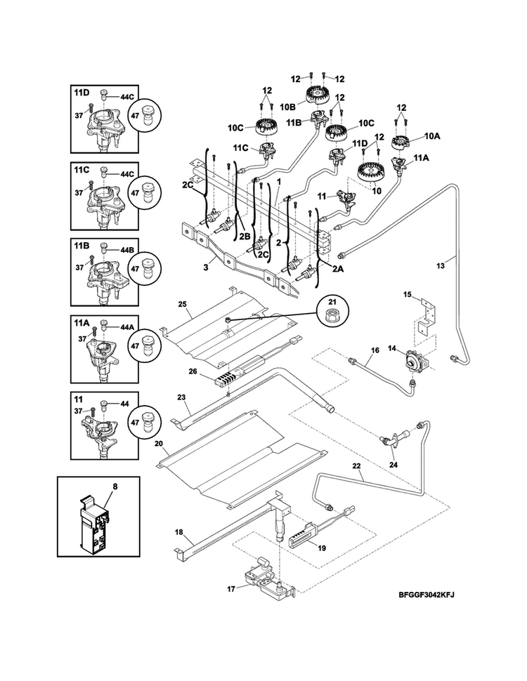 Burner Diagram and Parts List for FGGF3032MFH  Frigidaire Range