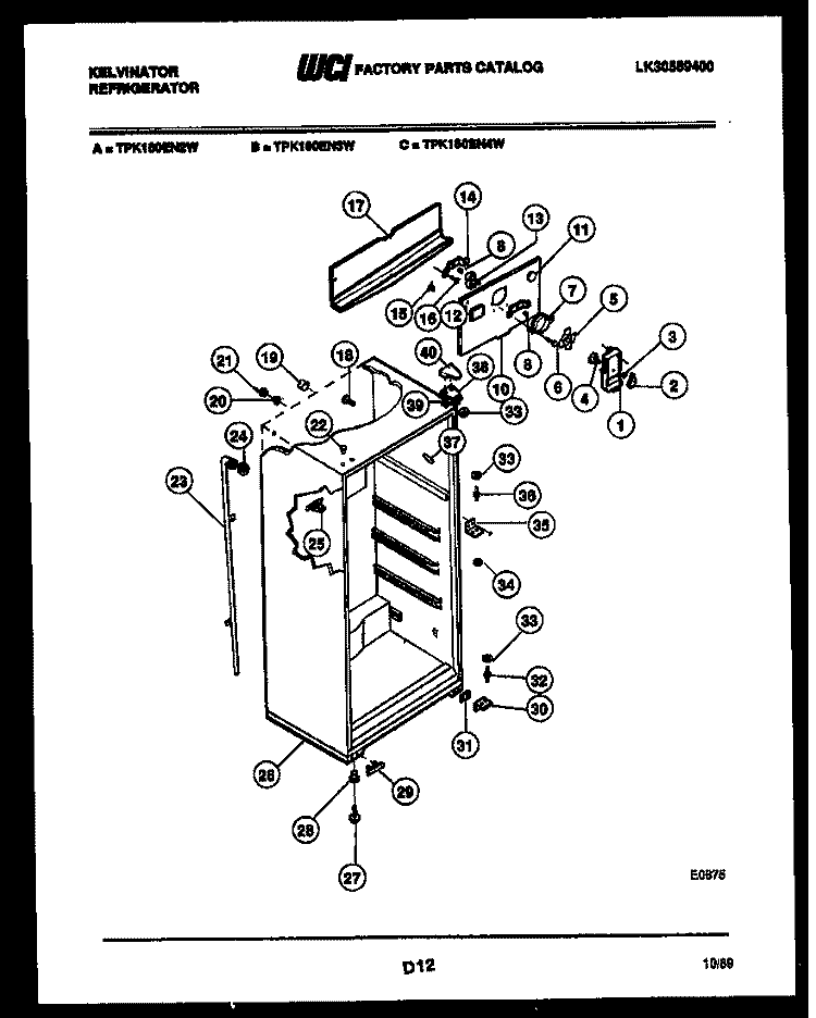 CABINET PARTS Diagram and Parts List for TPK160EN2D  Kelvinator Refrigerator