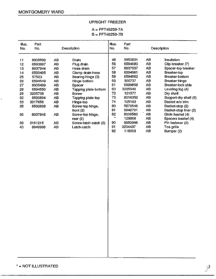 Upright Freezer Page 6 Diagram and Parts List for 49259B  Frigidaire Freezer