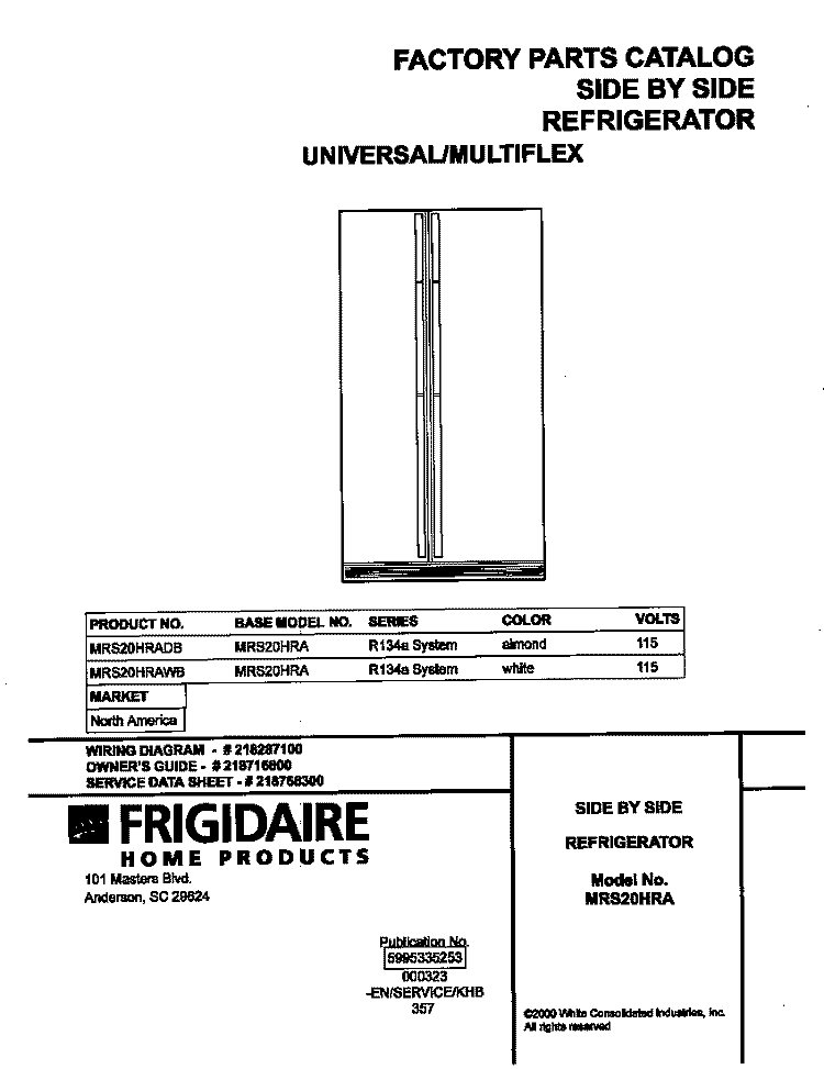 COVER Diagram and Parts List for MRS20HRADB  Frigidaire Refrigerator