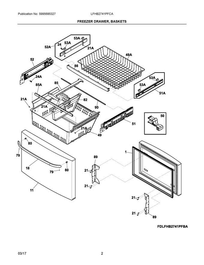 02 - Freezer Drawer, Baskets Diagram and Parts List for LFHB2741PFCA  Frigidaire Refrigerator