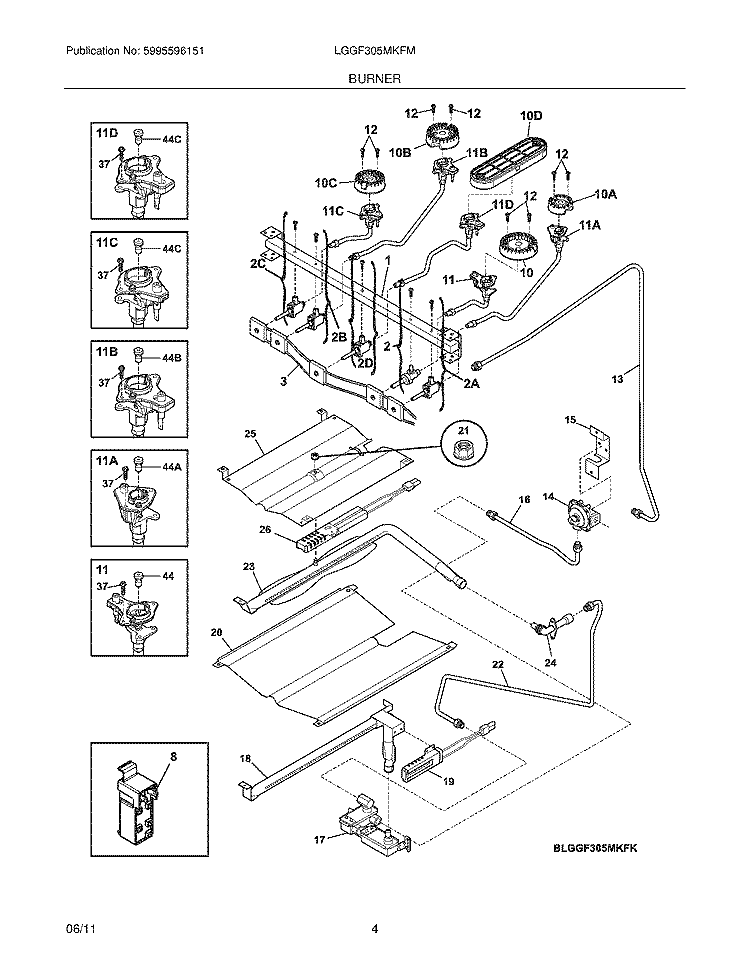 BURNER Diagram and Parts List for LGGF305MKFM  Frigidaire Range