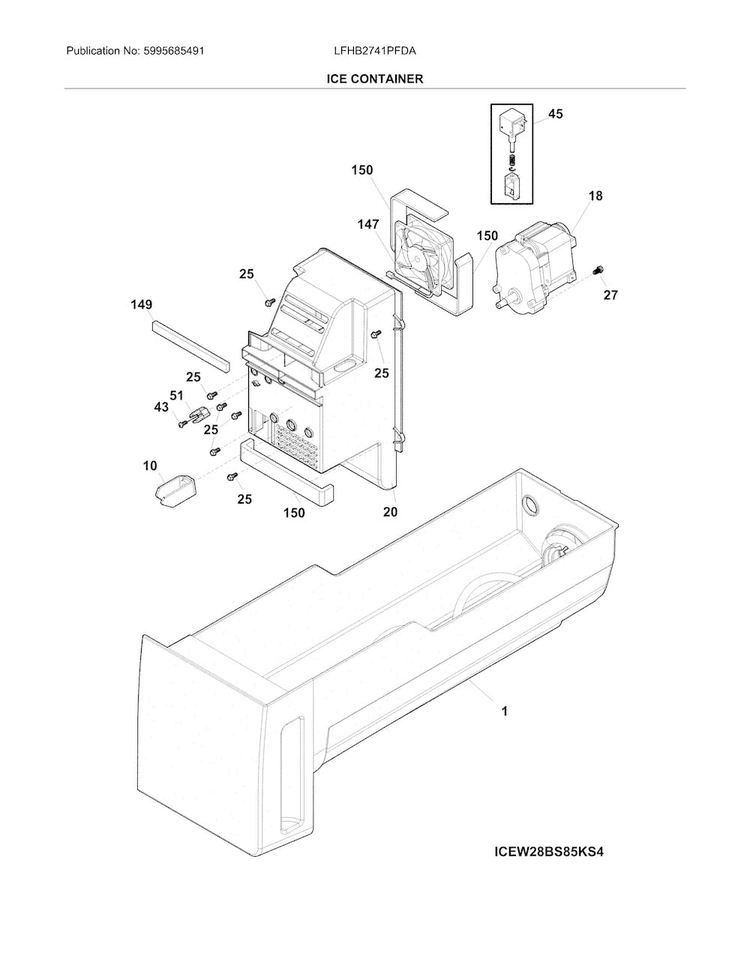 Ice Container Diagram and Parts List for LFHB2741PFDA  Frigidaire Refrigerator