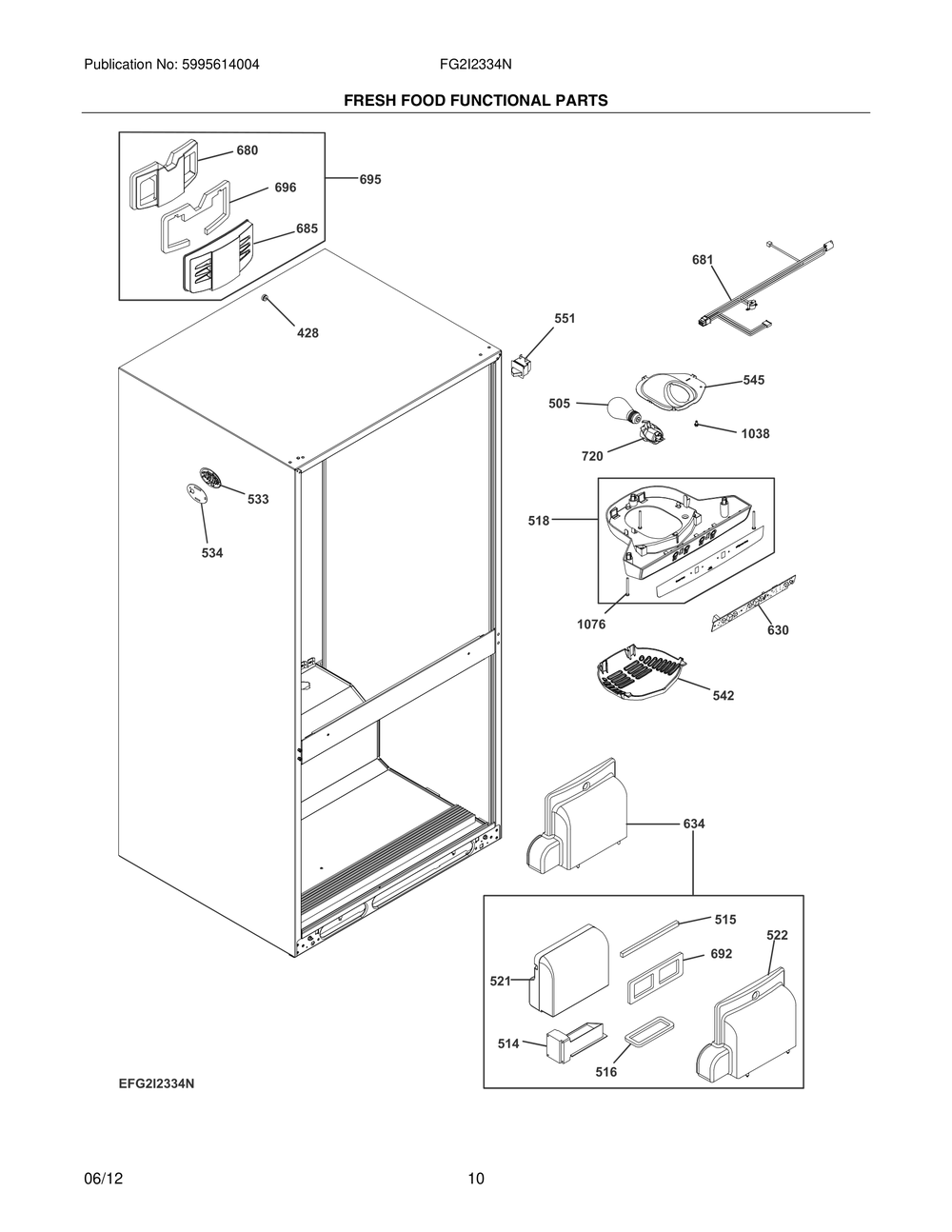 Fresh Food Functional Parts Diagram and Parts List for FG2I2334NE  Frigidaire Refrigerator