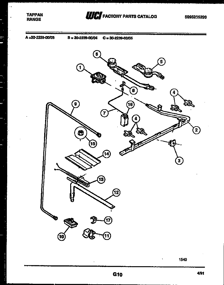 BURNER, MANIFOLD AND GAS CONTROL Diagram and Parts List for 30-2239-00-03  Tappan Range