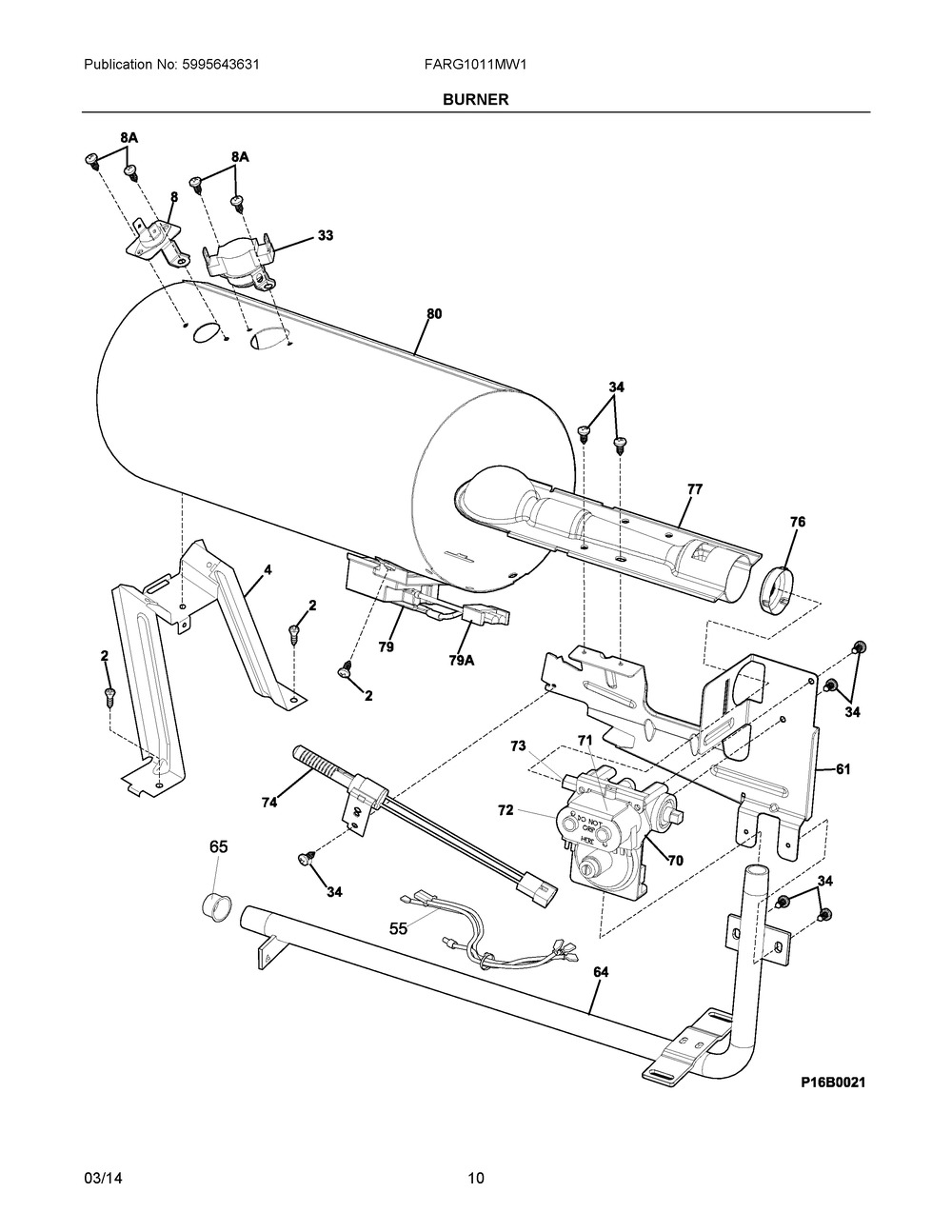 Burner Diagram and Parts List for FARG1011MW1  Frigidaire Dryer