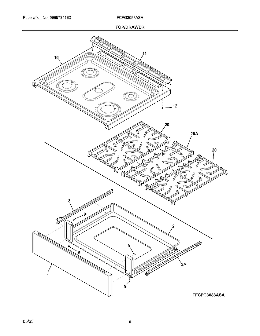 Top/Drawer Diagram and Parts List for FCFG3083ASA  Electrolux Range