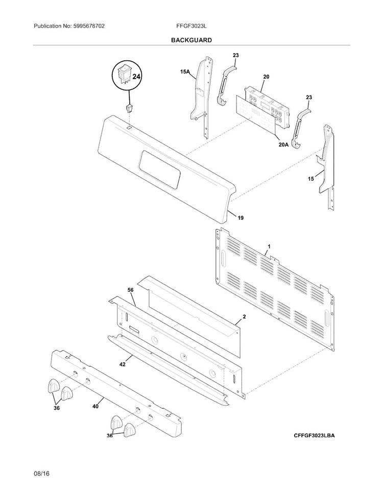 Backguard Diagram and Parts List for FFGF3023LBG  Frigidaire Range