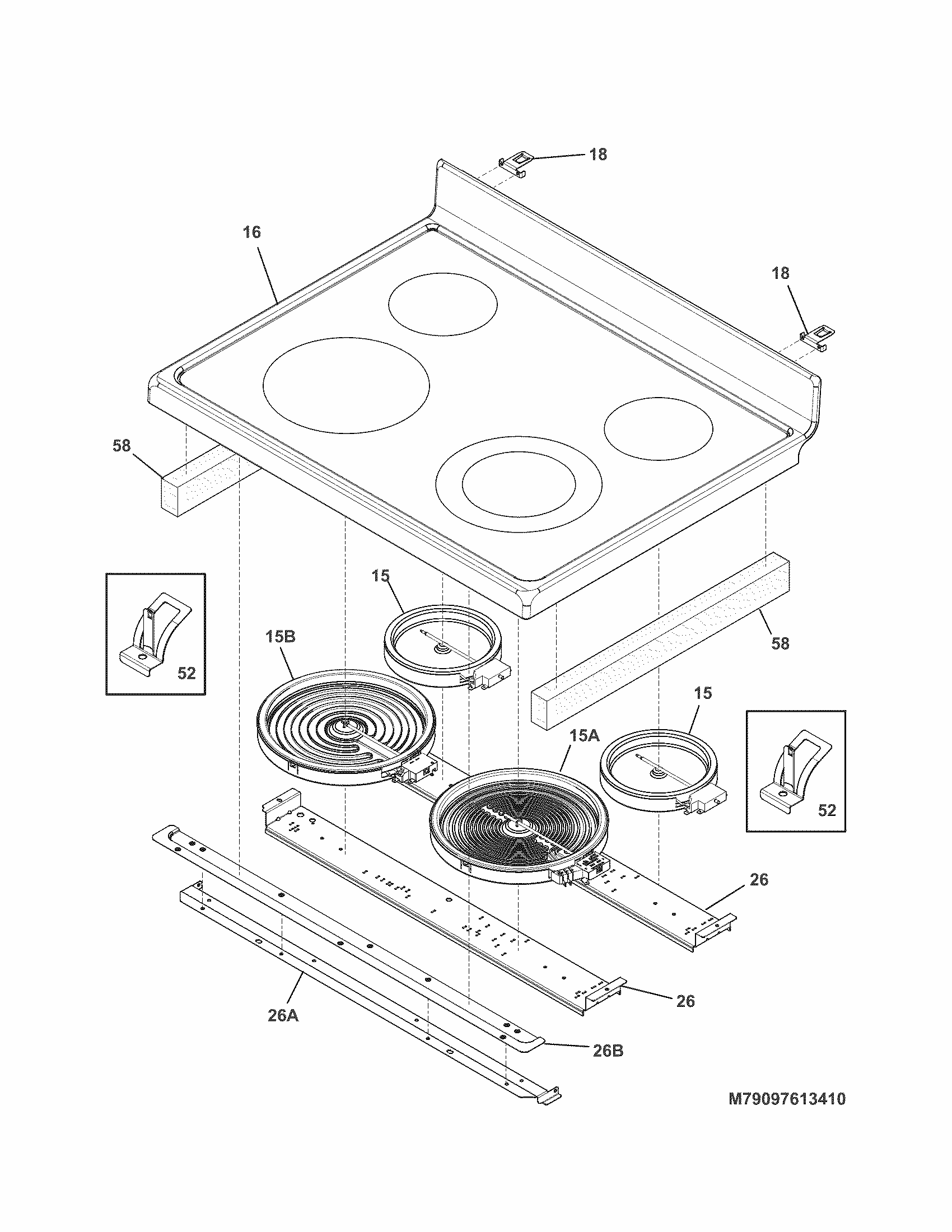 Main Top Diagram and Parts List for 79097613410  Kenmore Range