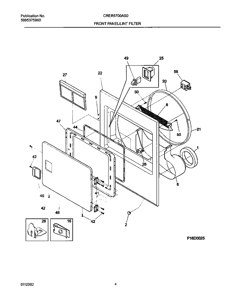 FRNT PNL, DOOR Diagram and Parts List for CRER5700AS0  Frigidaire Dryer